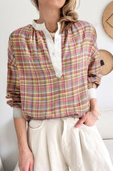 Mulit-Color Plaid Round Neck Long Sleeve Blouse Dusty Pink OutfitFlow